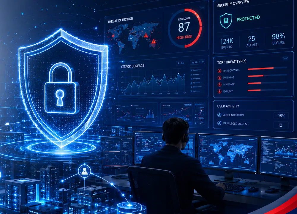 Centre de supervision de cybersécurité et représentation d’un bouclier numérique